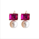 Maggie Bright Pink Rectangular Crystal with Faux Pearl Earrings